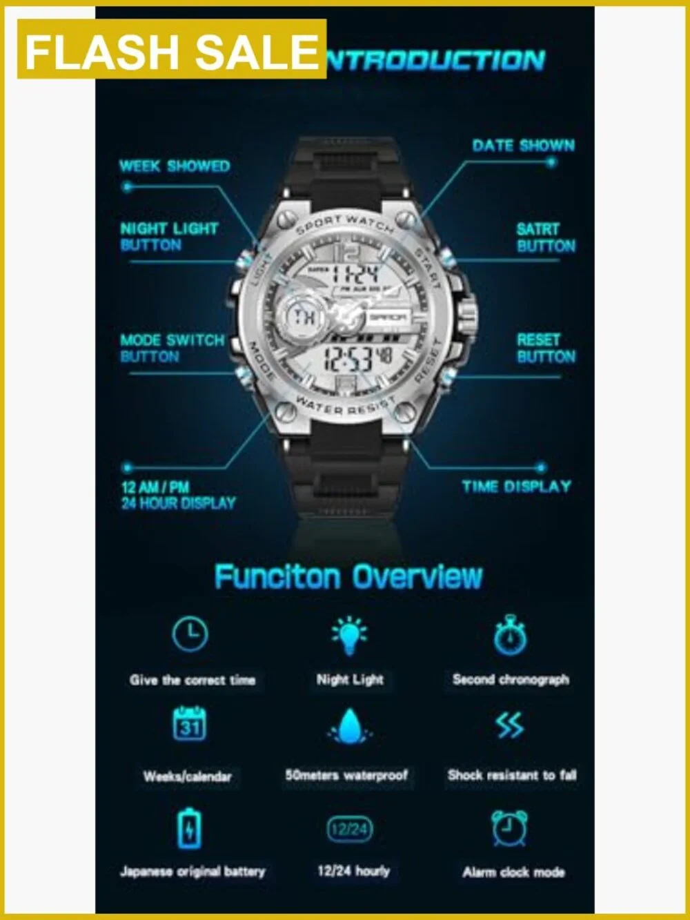 Men's Military Sports Watch LED Alarm Stopwatch Waterproof Date